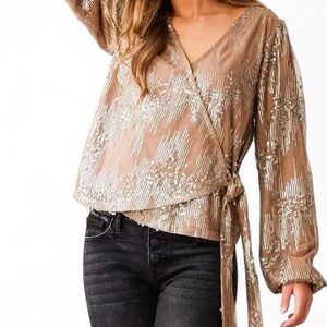 NWT gold Sequin Wrap Blouse in Taupe